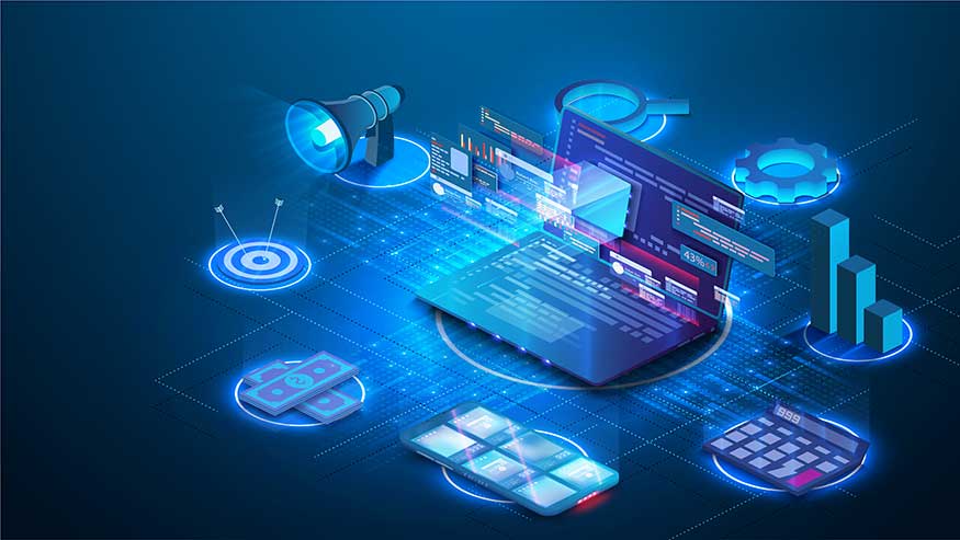 Platform structure illustration showing analytics and systems around a central dashboard